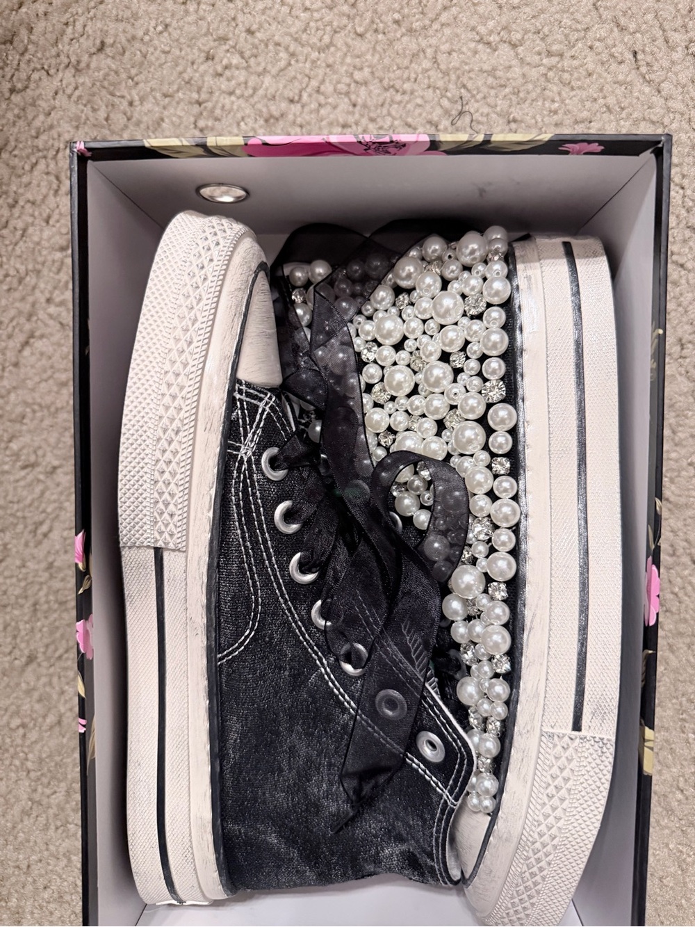 Nan Ku Women's Black Platform Sneakers with Pearl Embellishments